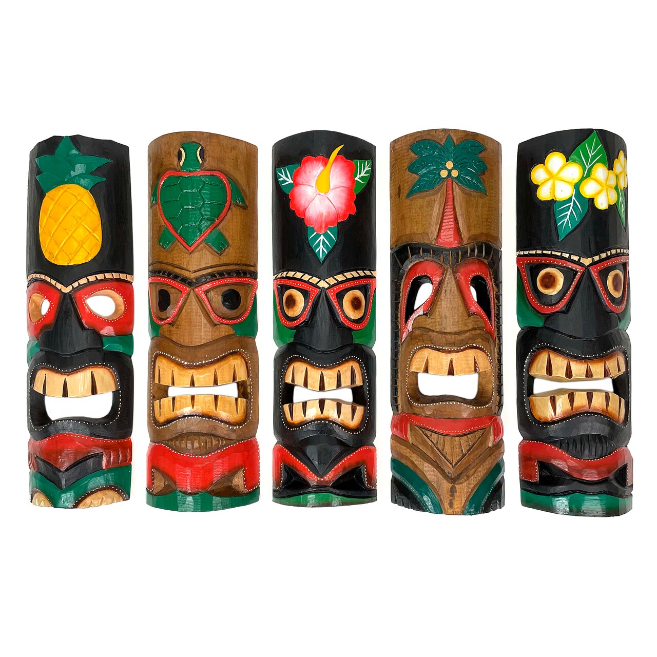 Set of 5 Colorful Tropical Polynesian Style Wooden Tiki Wall Masks 20 Inch